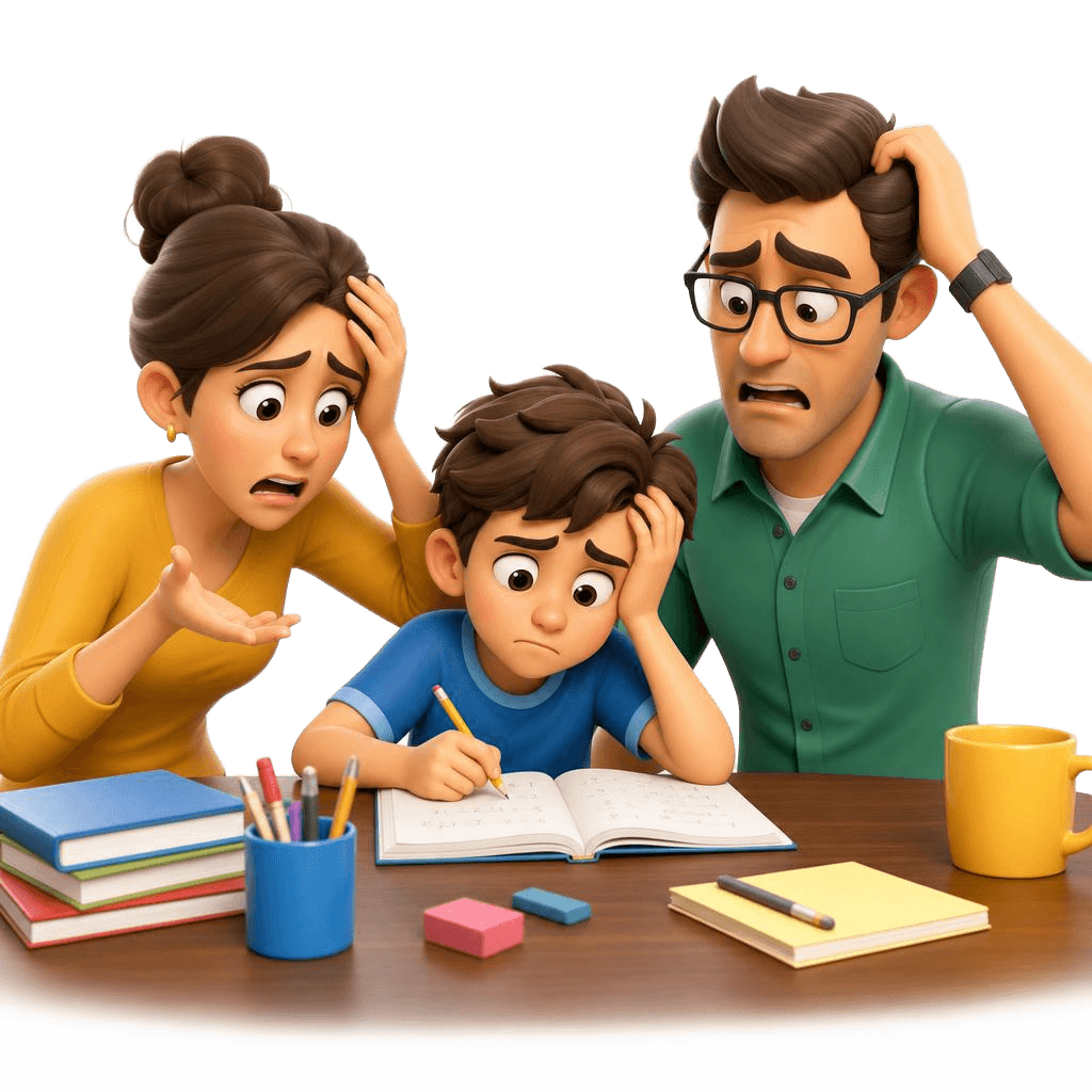 A stressed family stuck on homework together at the kitchen table