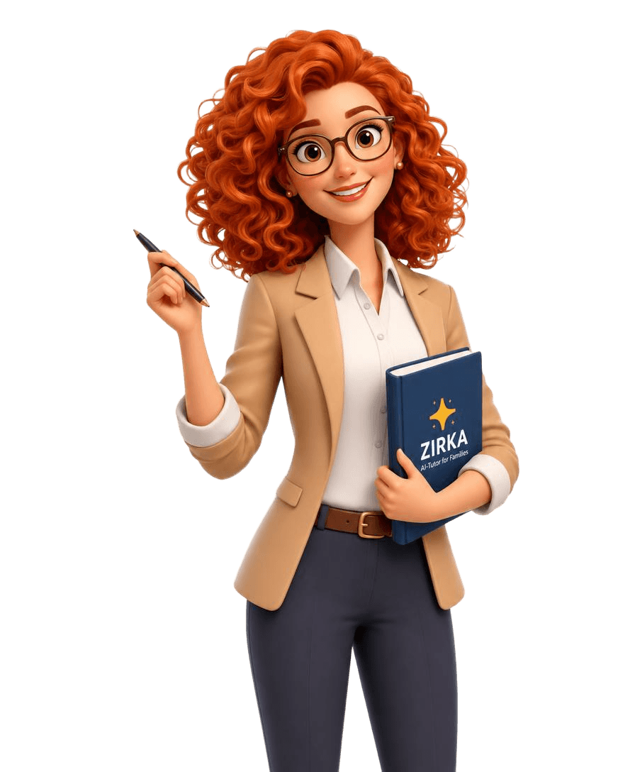 The Zirka mascot - a friendly tutor holding a Zirka book