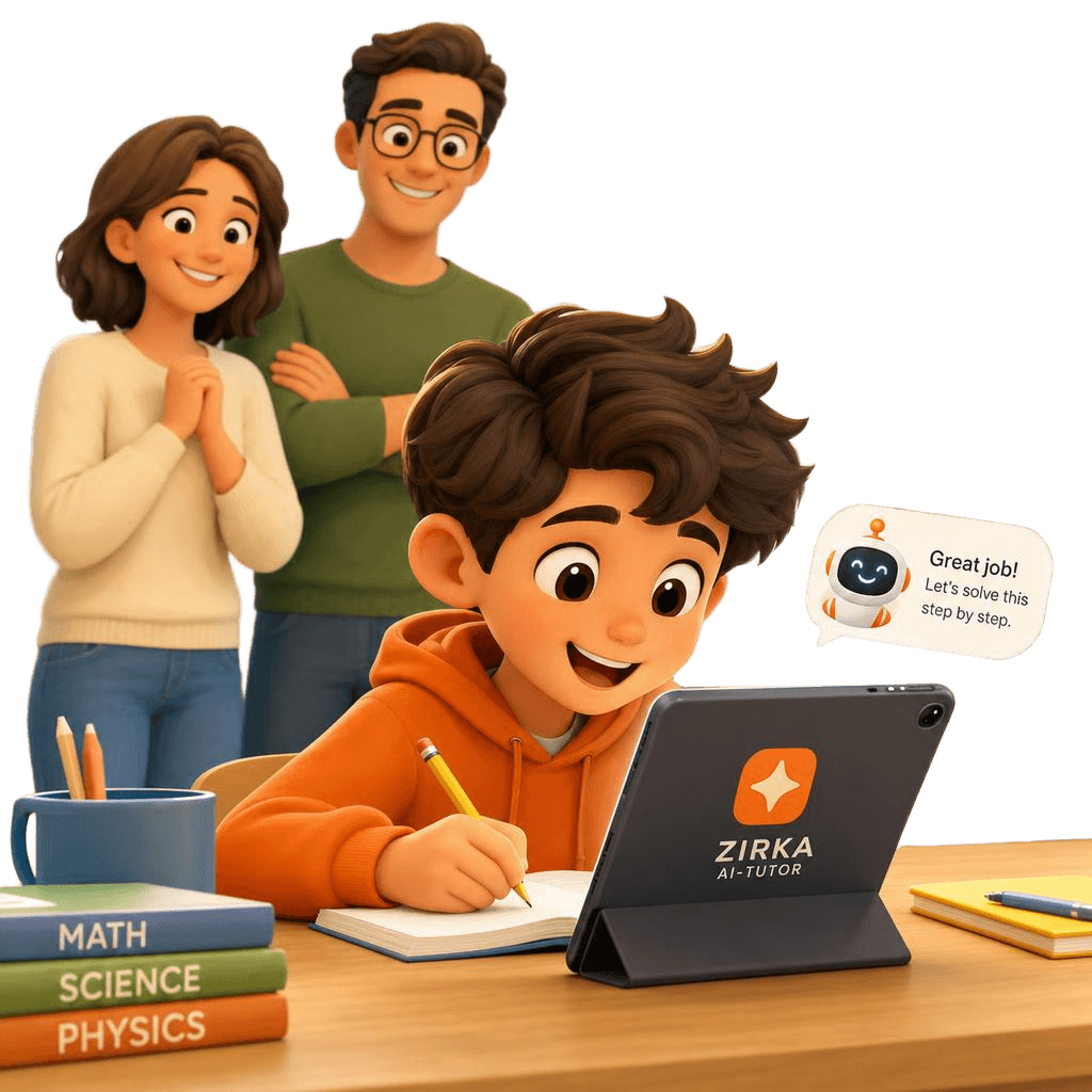 A child happily solving homework with the Zirka tutor while proud parents look on